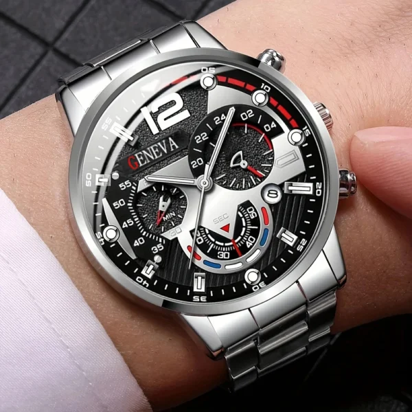 Silver chronograph wristwatch with black face.