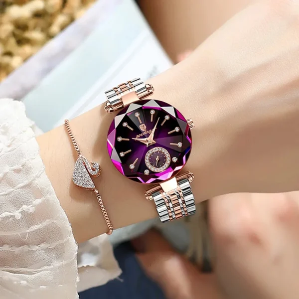 Purple diamond wristwatch with rose gold band.