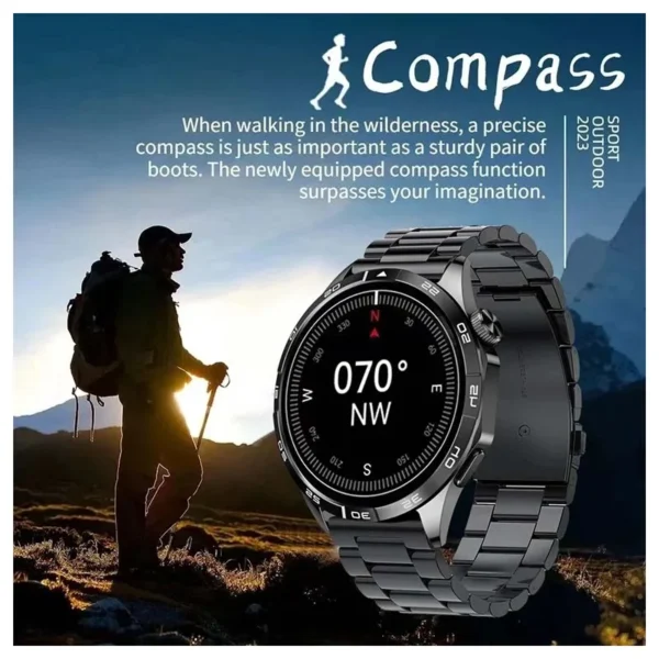 Black smartwatch with compass function.