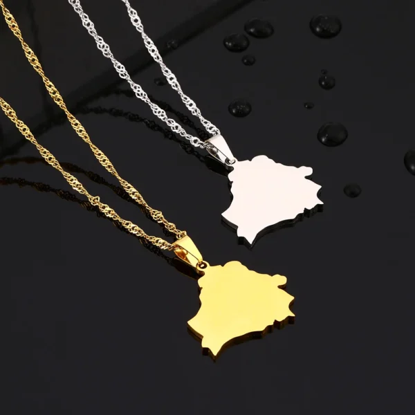 Gold and silver Kosovo map necklaces.