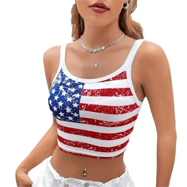 2024 New Women's Tank Top Summer Off Shoulder US Flag Stripe Print Casual Slim Fit Sexy Street Wear Short Top - Image 5