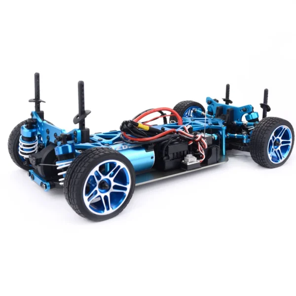 Blue RC car chassis with wheels.