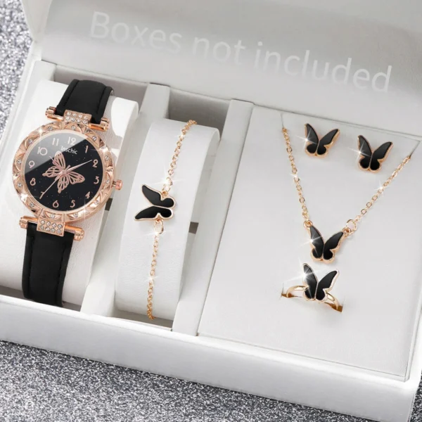 Butterfly watch set with bracelet, necklace, and ring.