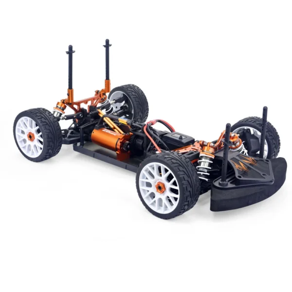 Orange and black RC car chassis.