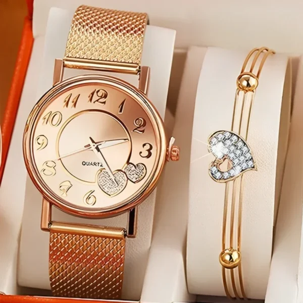 Gold watch and bracelet set with heart