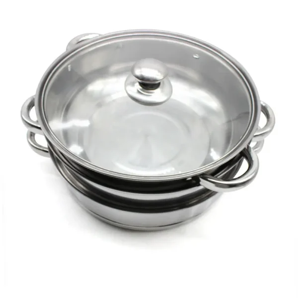 Stainless steel steaming pot with lid.