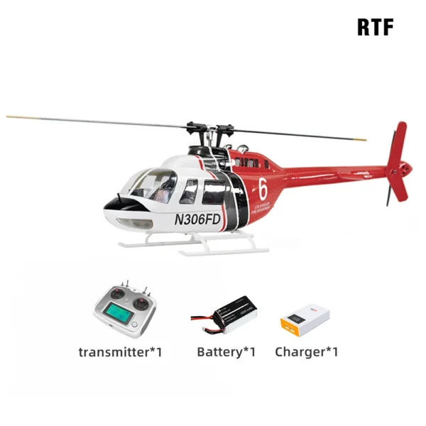 Red and white helicopter with remote control.