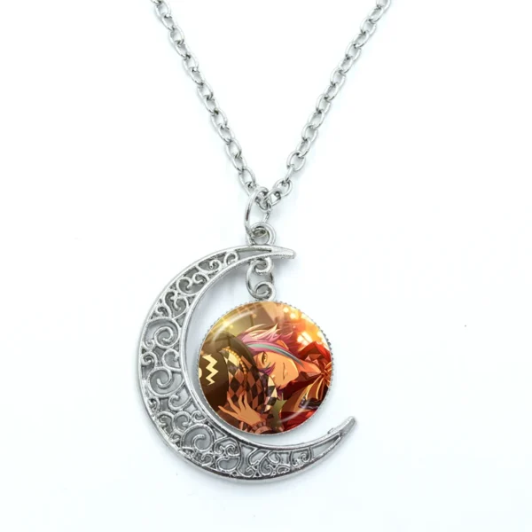 Silver crescent moon necklace with anime character.