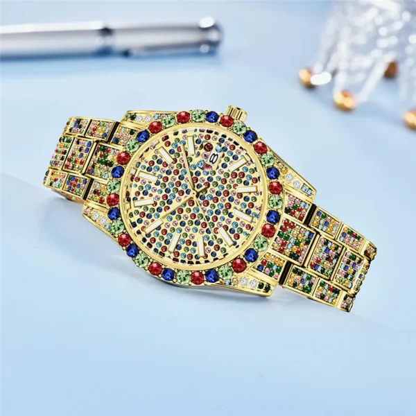 Gold watch with colorful crystal accents.