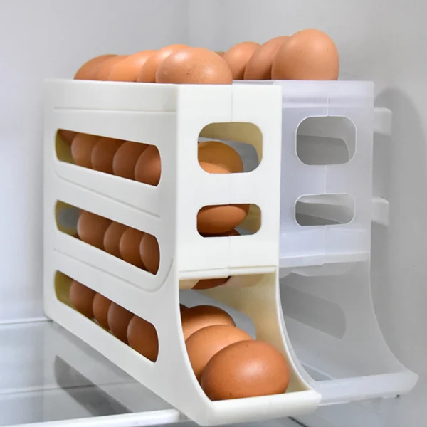 White plastic egg holder in refrigerator.