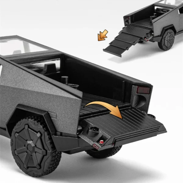 Black toy truck with lowering tailgate.