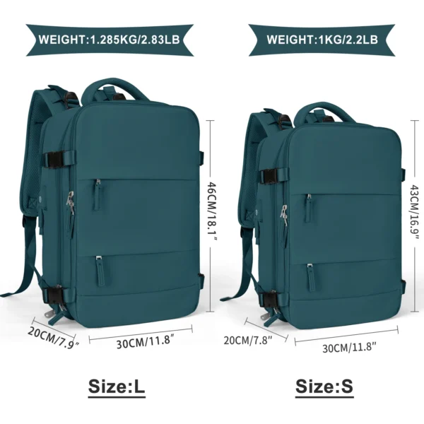 Two teal backpacks, one large, one small.