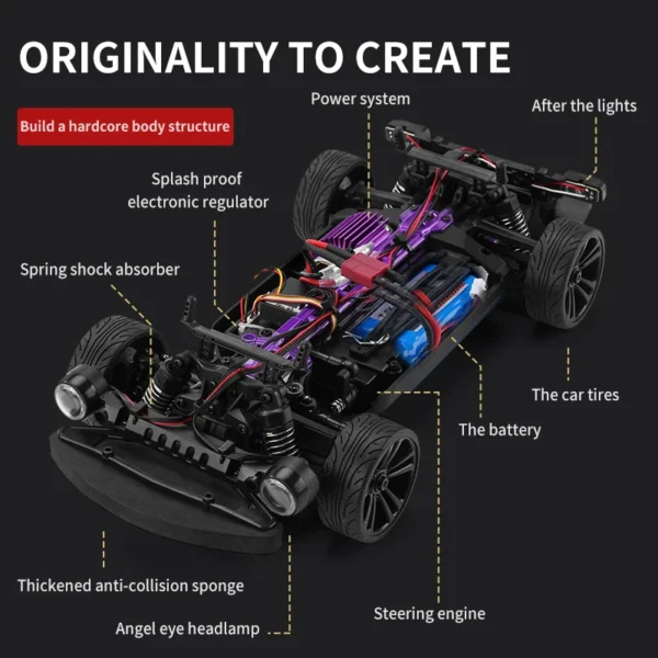 Black remote control car chassis with parts labeled.