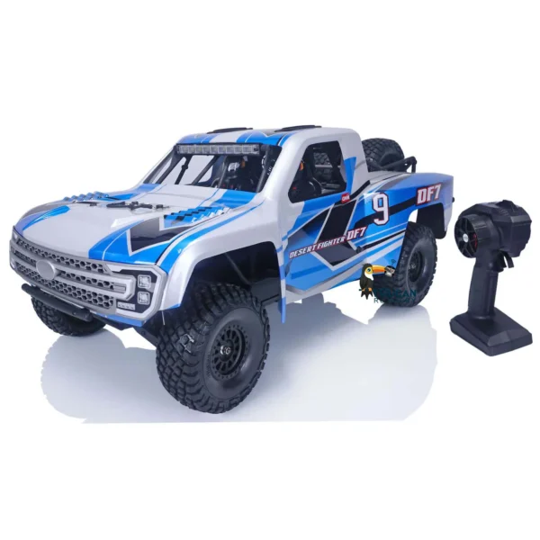 Remote control truck with blue and silver paint.