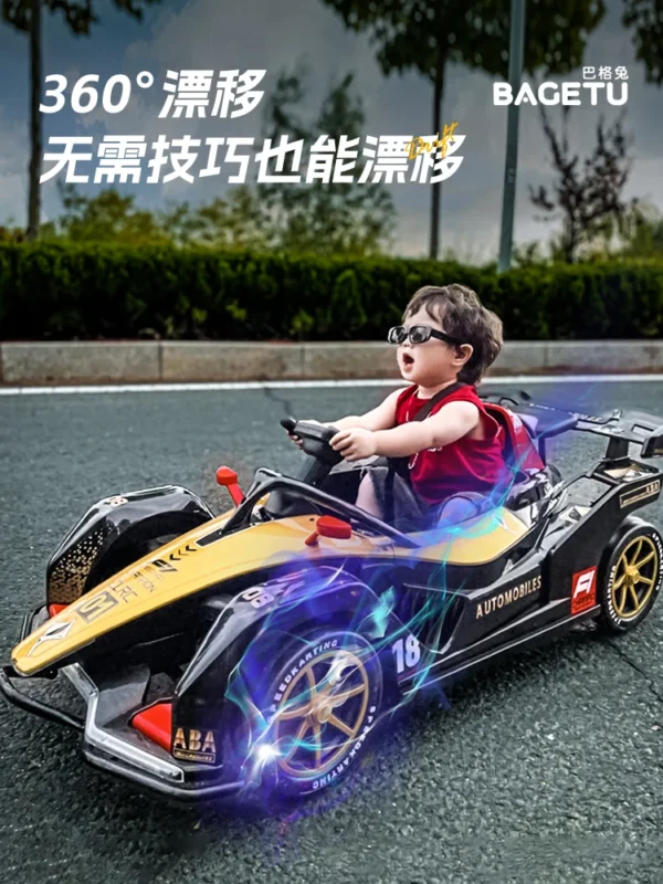 Child driving a black toy race car.