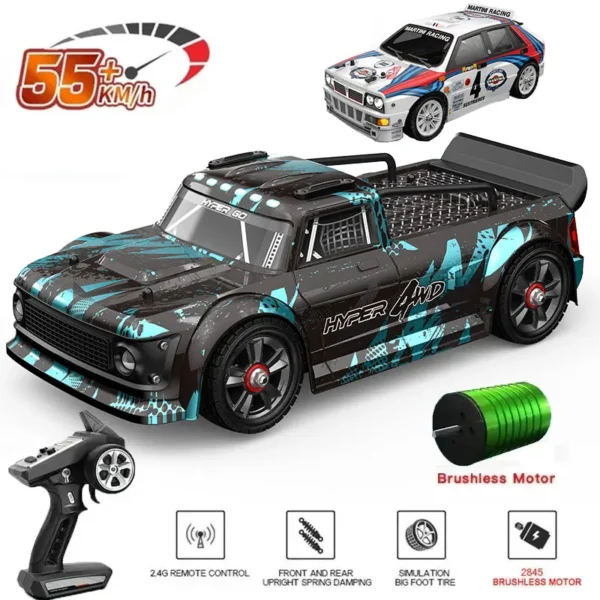 Black and blue remote control truck with motor.