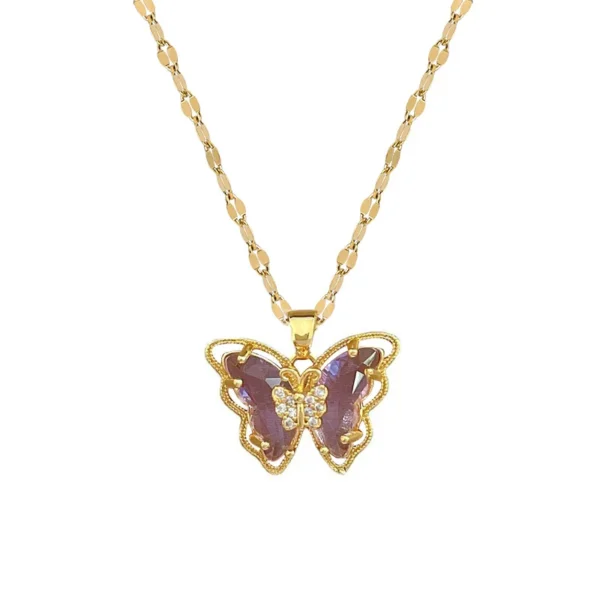 Gold chain with purple butterfly pendant.