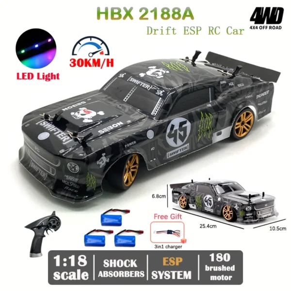 Black 1:18 scale drift RC car with LED lights.