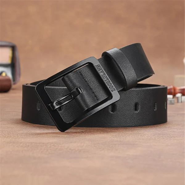 Black leather belt with metal buckle.