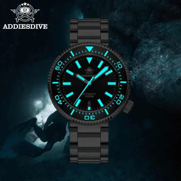 Black Addiesdive dive watch with blue glow