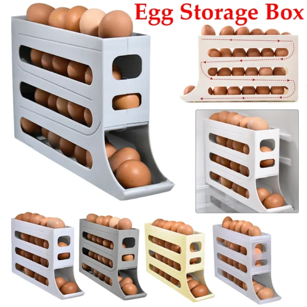 Grey plastic egg storage box with eggs.