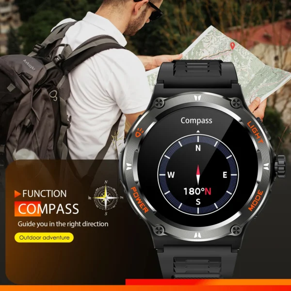 Man with compass smartwatch looking at map.