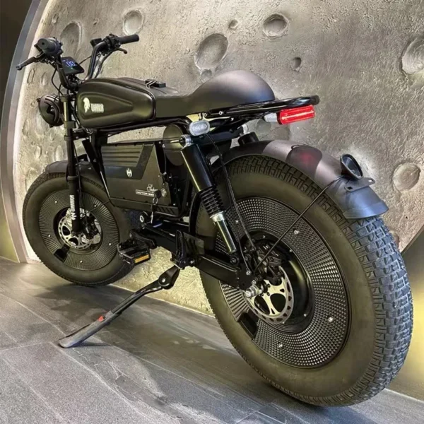 Black electric motorcycle with a kickstand.