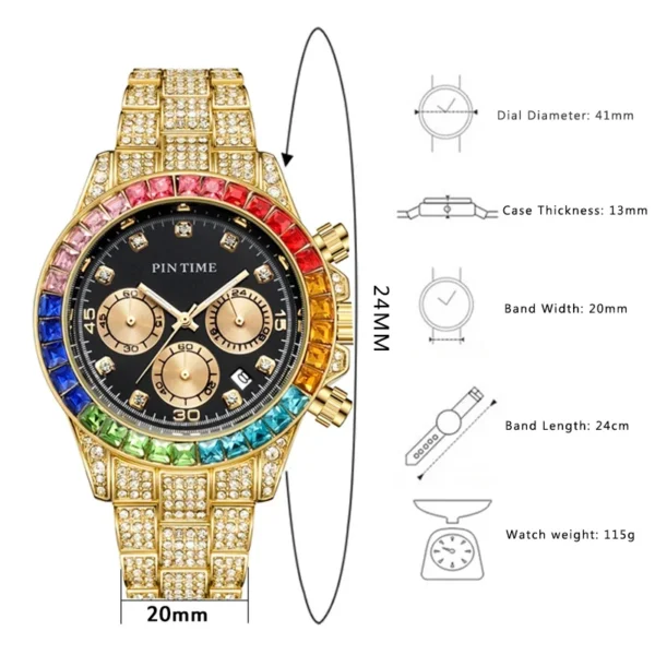 Gold watch with rainbow crystal accents.