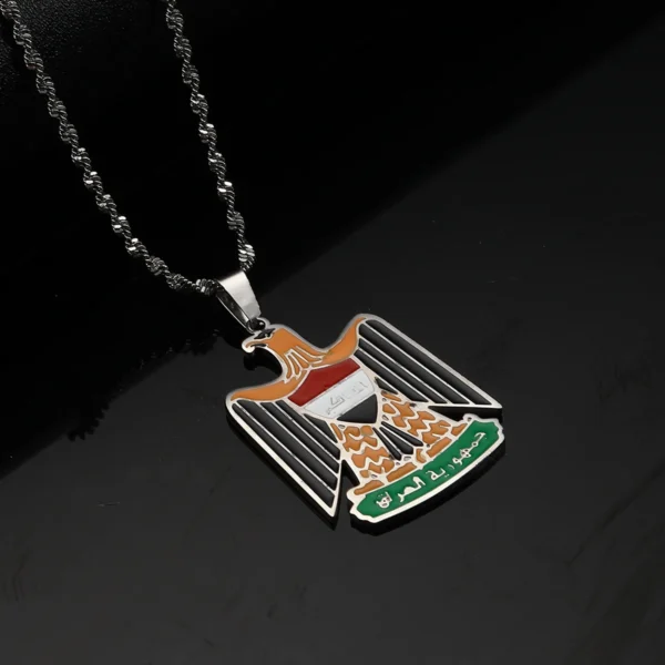 Silver chain with an eagle and Iraqi flag pendant.