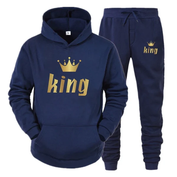 Fashion Long Sleeves KING And QUEEN Printed Hooded Suits Autumn Winter Couple Hoodie + Pants 2-Piece Suit - Image 2