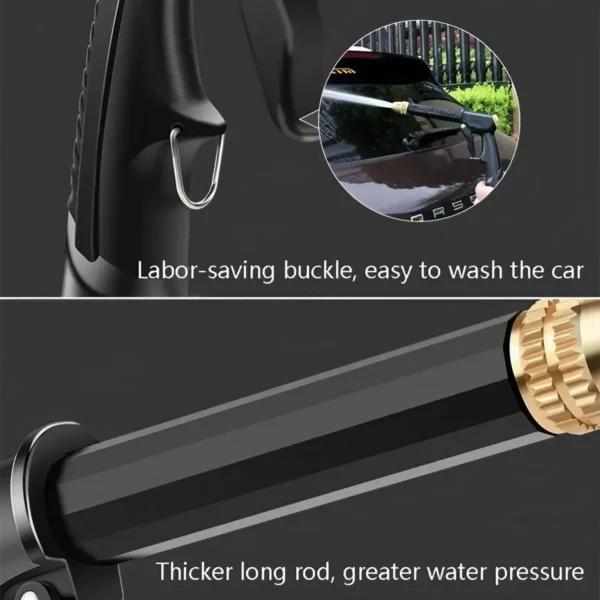 Car wash nozzle with buckle and pressure rod.