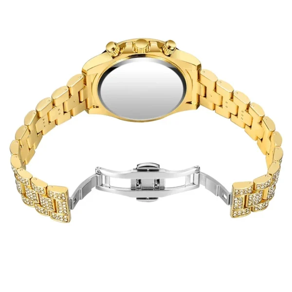 Gold watch with diamond accents on band.