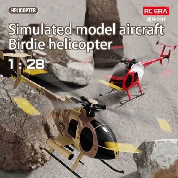 Two model helicopters on the ground.