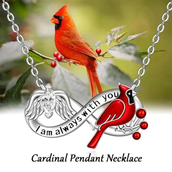 Infinity cardinal pendant necklace with wings.