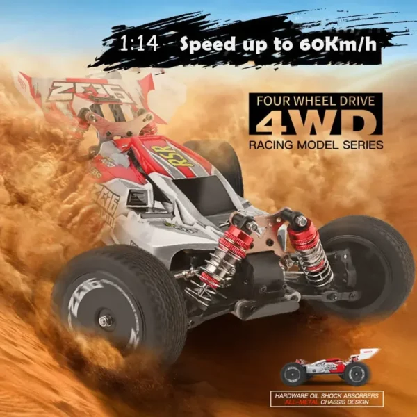 Red and silver 4x4 RC car in sand.