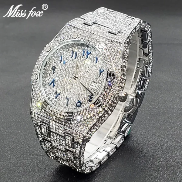 Silver watch with diamond encrusted band.