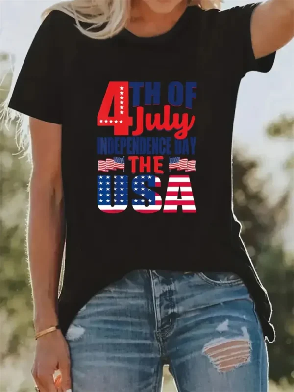 4th Of July Graphic Polyester Breathable Black Tee Shirt Crew Neck Casual T Shirts Vintage For Women