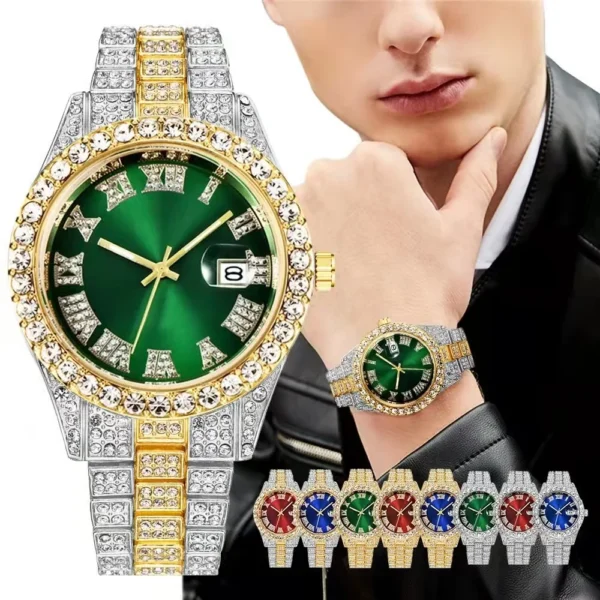 Gold and silver watch with green face and diamonds.