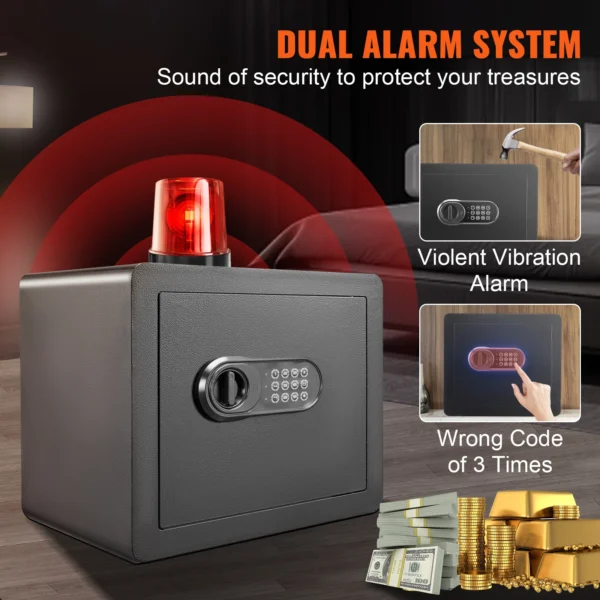 Black safe with red alarm light.