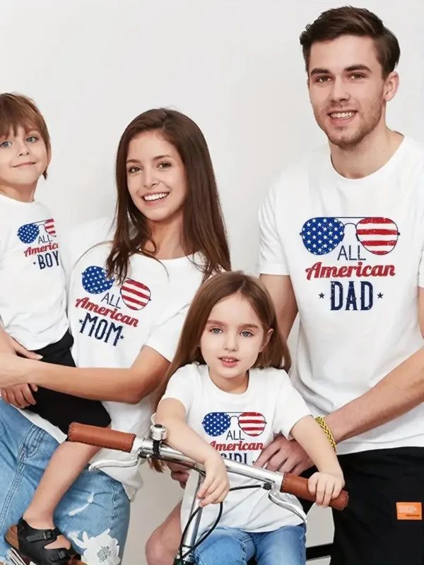 July 4th Family T-Shirt Patriotic Graphic Printed Short Sleeve T-Shirt Mom Dad Girl Boy Parent-Child Holiday Clothing