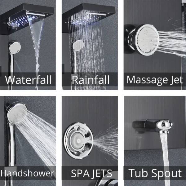 Showerhead options: waterfall, rainfall, and more.