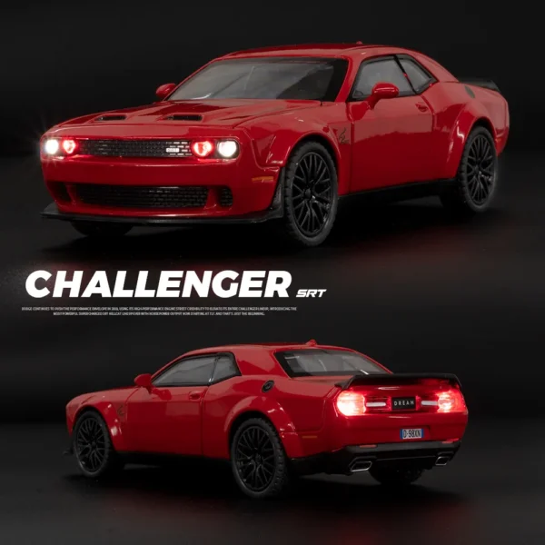 Red Dodge Challenger SRT diecast model car.