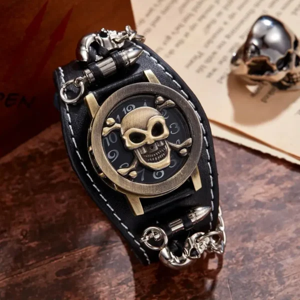 Leather wristwatch with skull and crossbones design.