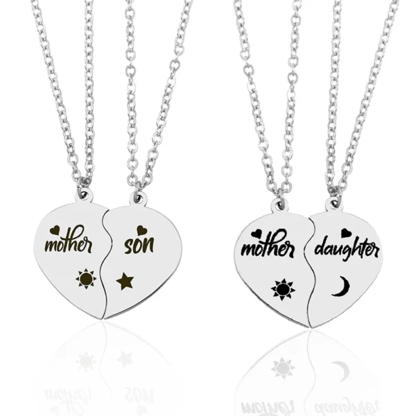 Mother, son, and daughter heart necklaces.