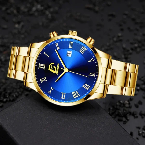 Gold watch with blue face and Roman numerals.