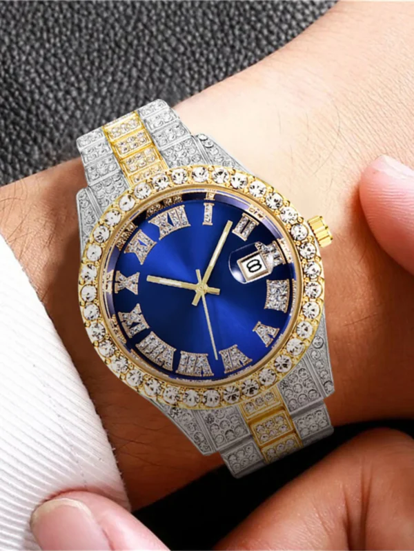 Diamond-encrusted wristwatch with blue face.