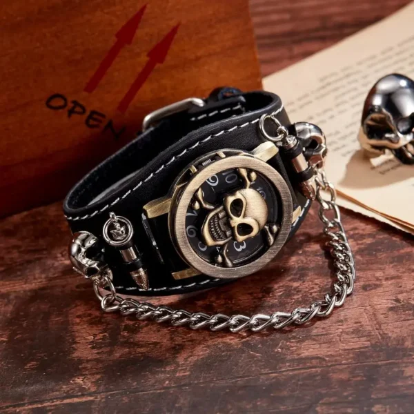 Black leather wristwatch with skull face