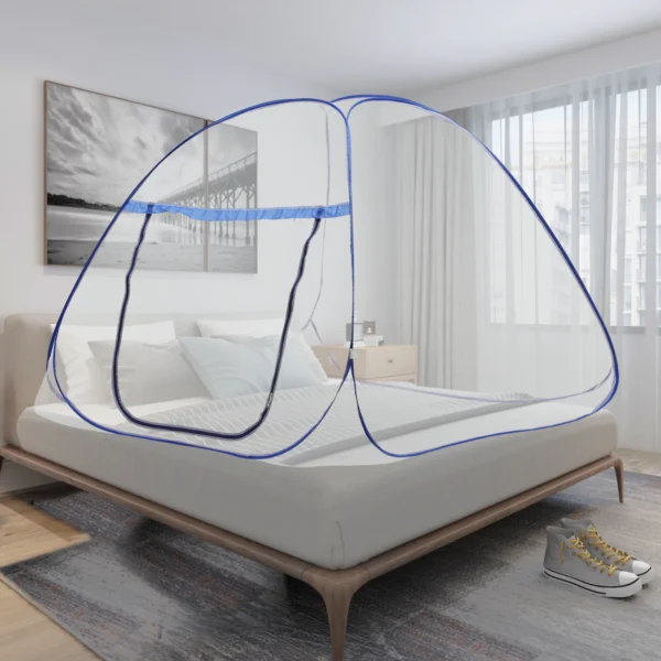 Blue pop-up mosquito net over bed.