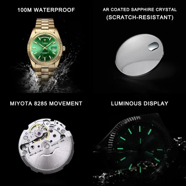 Gold watch with green face and luminous display.