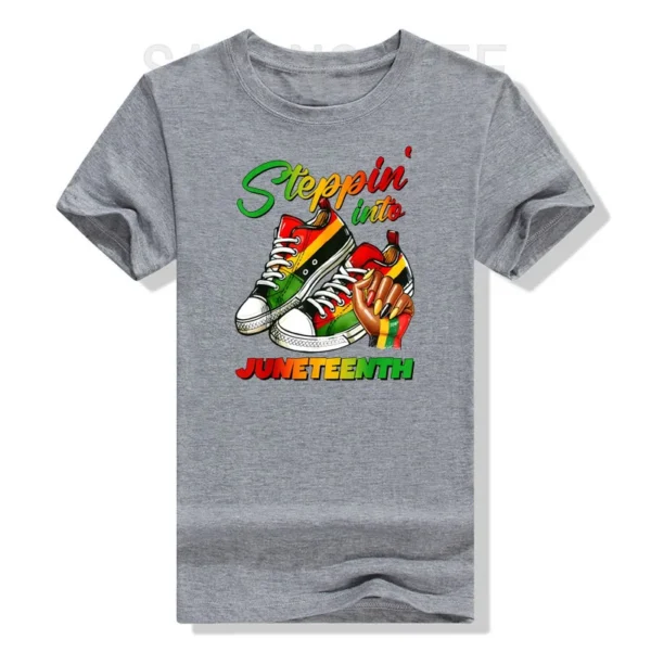 Stepping Into Juneteenth Afro Woman Black Girls Sneakers Men T-Shirt Black Pride June 19th 1865 Clothes Humor Funny Graphic Tees - Image 4